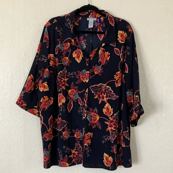 Catherines Fall Floral Button Down Career Wear Top, 3X Petite - Picture 1 of 6